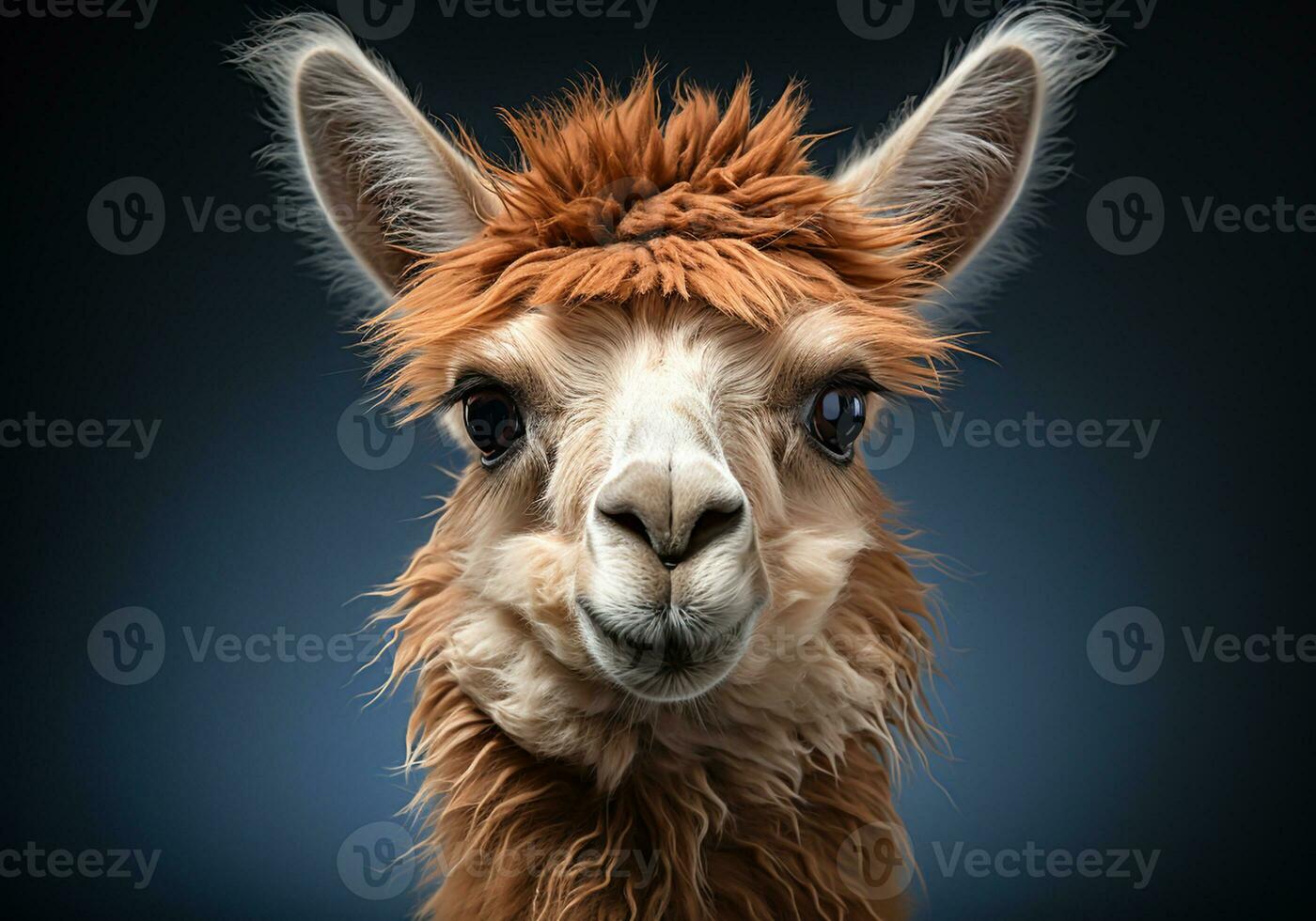 AI generated Realistic portrait of a llama on dark background. photo