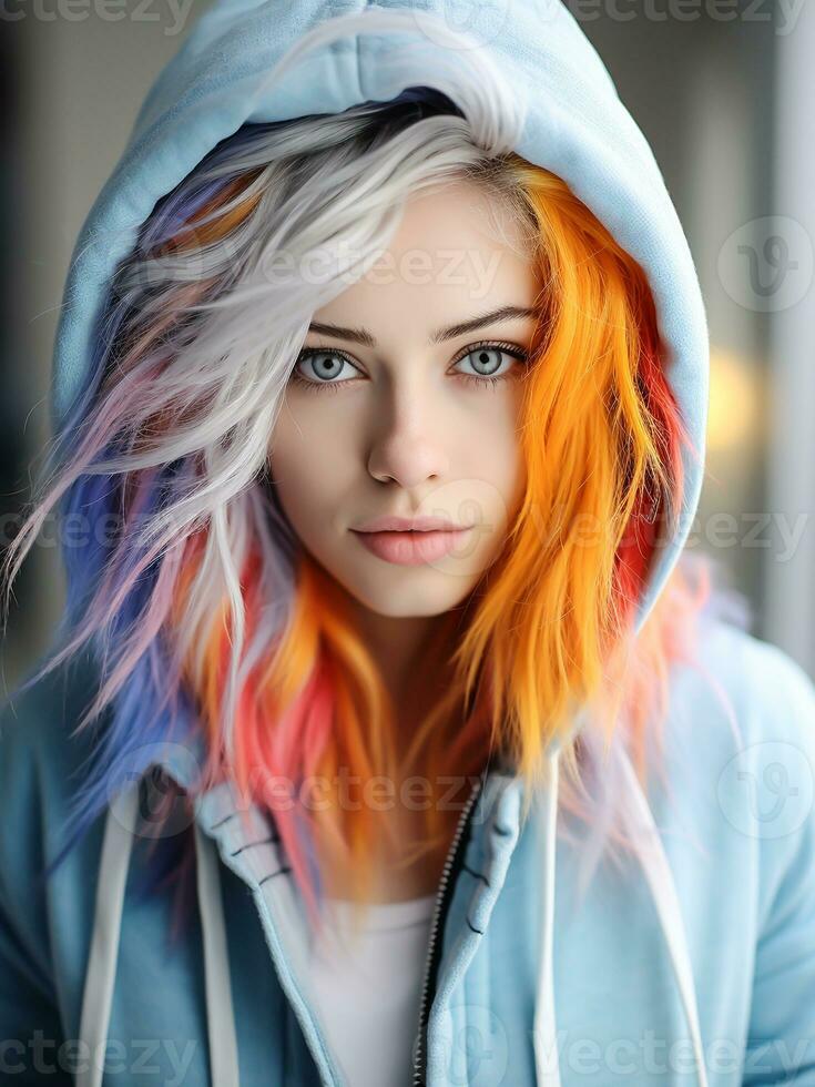 AI generated Young teenager wearing a colorful hoodie. Casual fashion photo