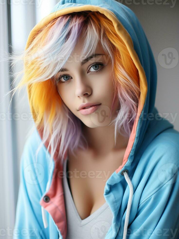 AI generated Young teenager wearing a colorful hoodie. Casual fashion photo
