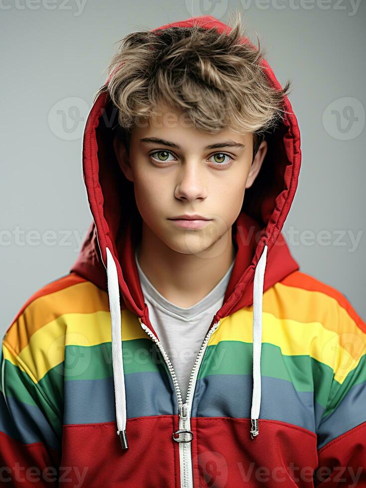 AI generated Young teenager wearing a colorful hoodie. Casual fashion photo