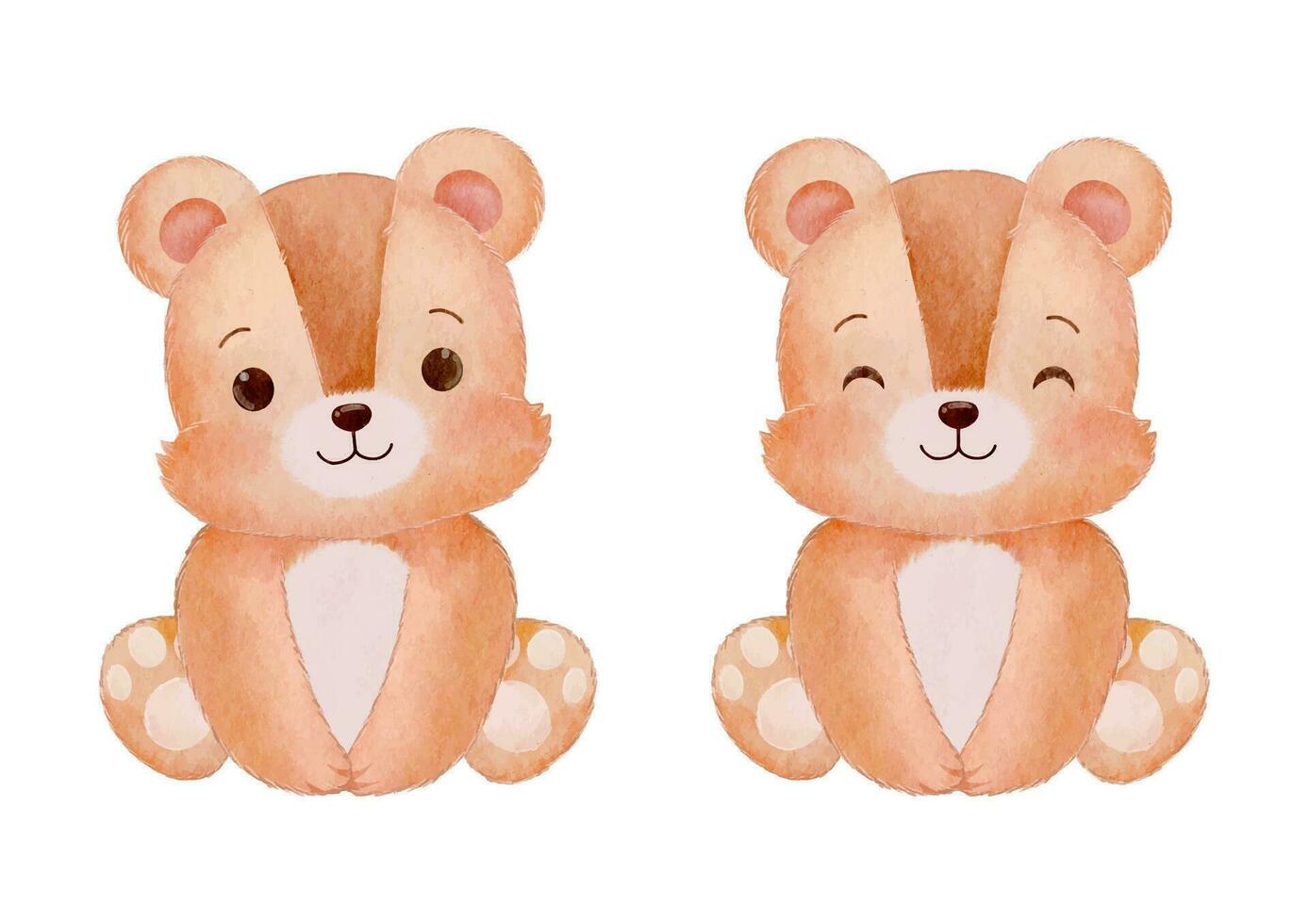 Watercolor Brown Color Teddy Bear Sitting on White Background Vector