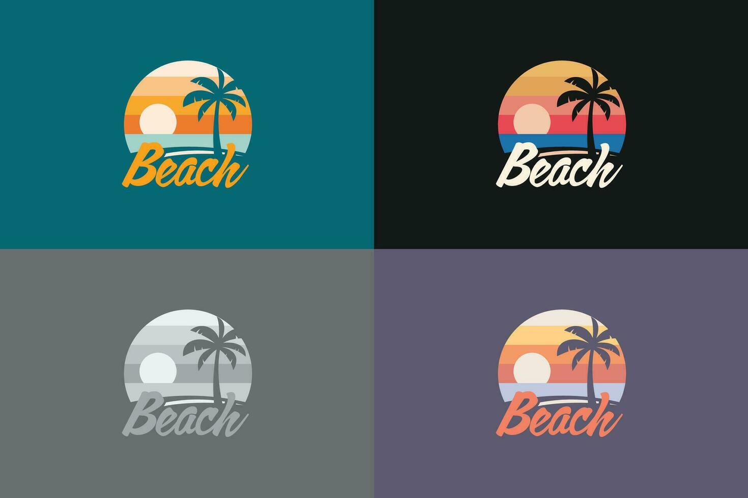 Beach logo illustration design with a palm tree on a tropical island at sunset vector