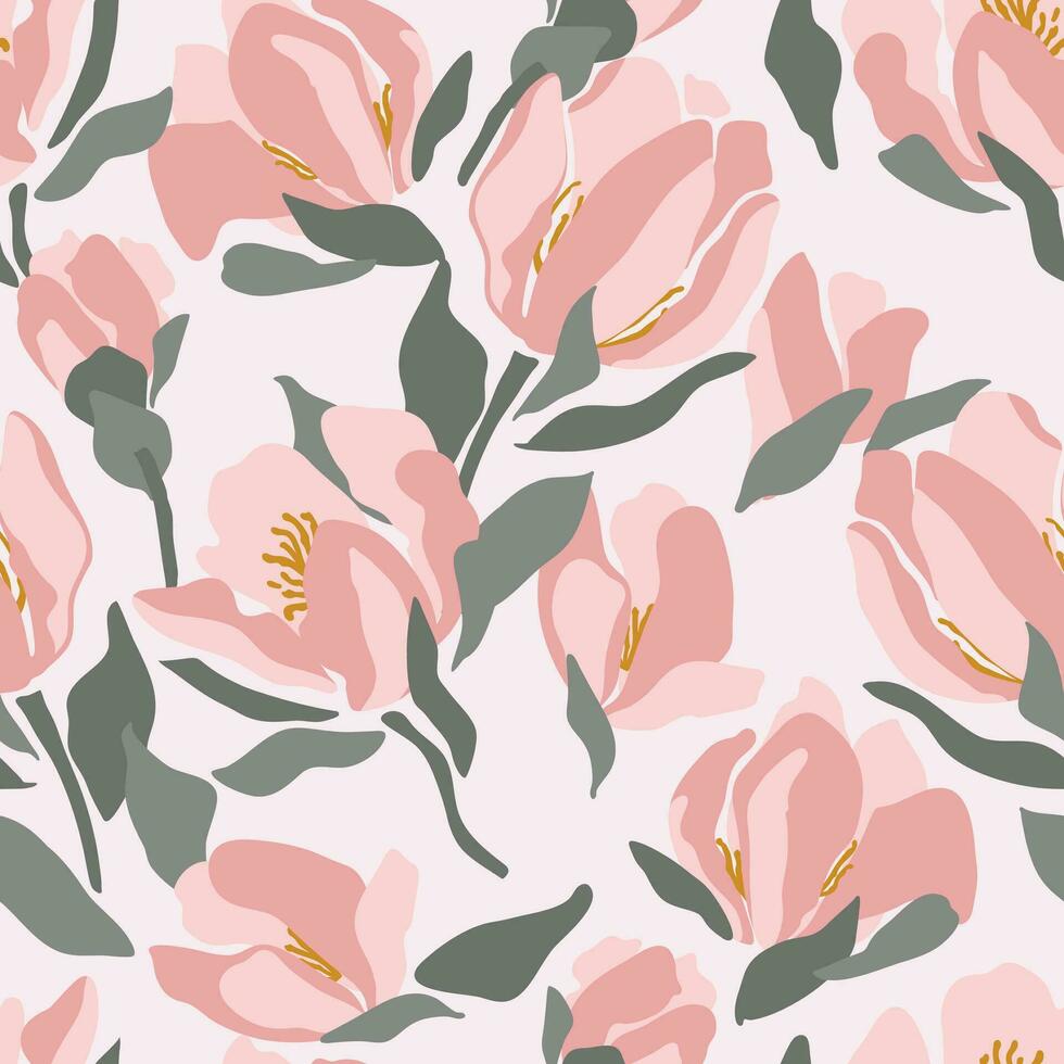 resumen mano dibujado magnolia flores sin costura modelo. grande flores y hojas. diseño para tela, hogar textil, envase papel vector