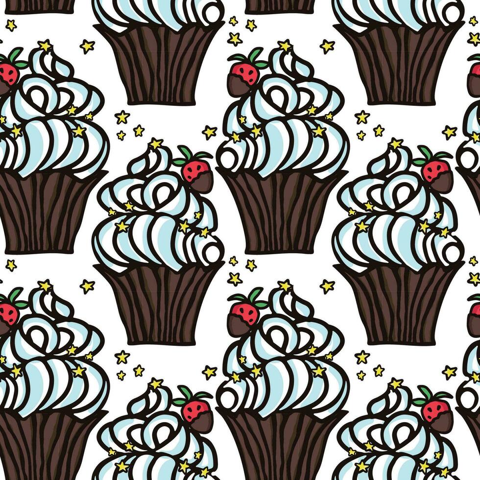 Sweet cake seamless pattern with desserts . Muffin, pudding, cake with strawberry fruit. Hand drawn vector illustration for surface design, textile, fabric, scrapbook, wallpaper