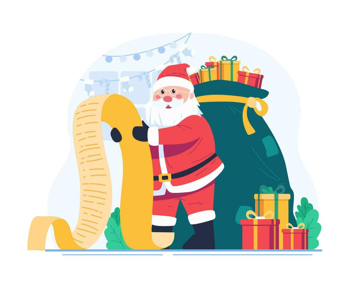 Papa Noel claus leyendo un largo deseo lista papel con un saco lleno de regalos. alegre Navidad concepto ilustración vector