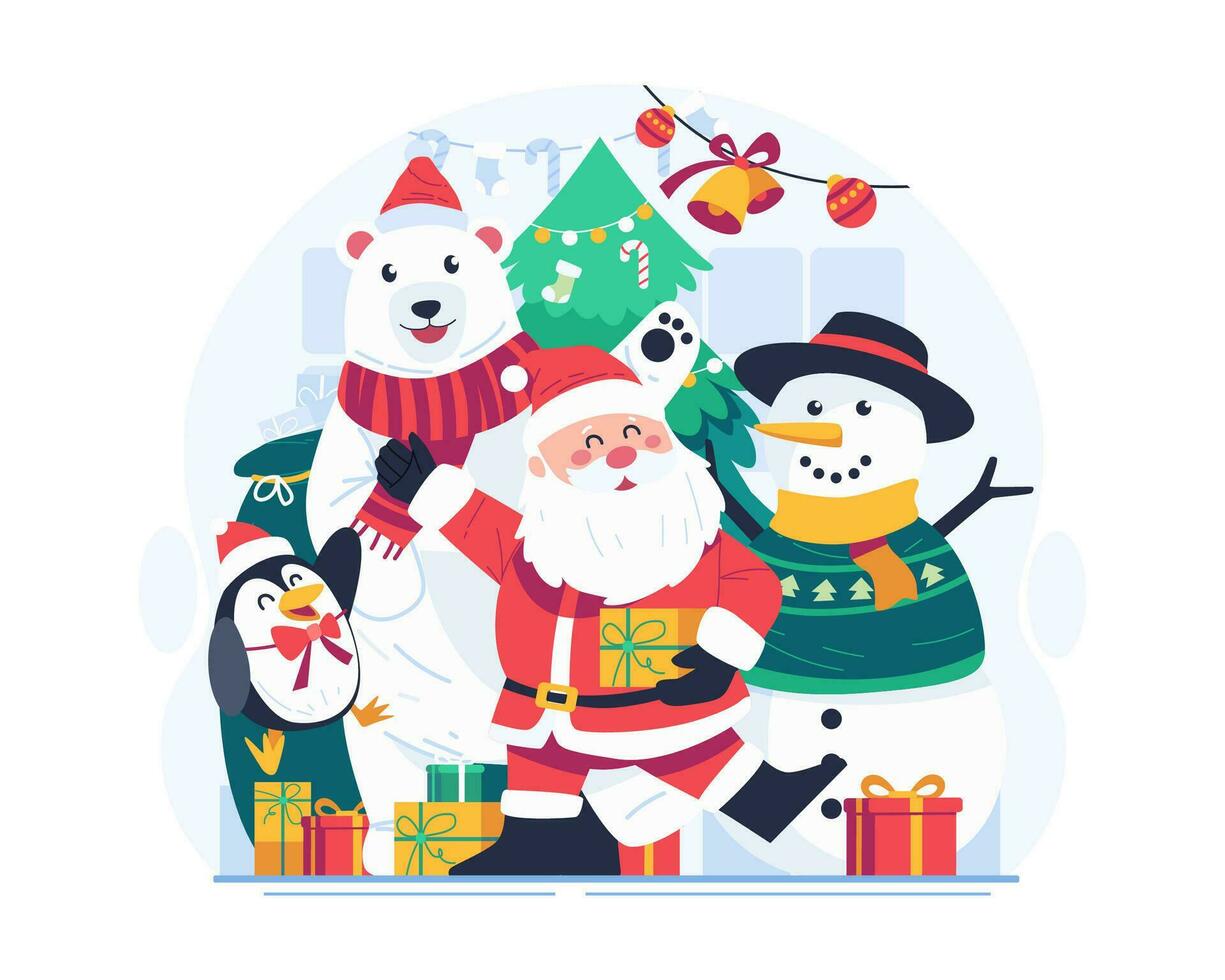 alegre Navidad ilustración. Papa Noel claus y su adorable compañeros un linda muñeco de nieve, polar oso, y pingüino con un Navidad árbol y regalos vector