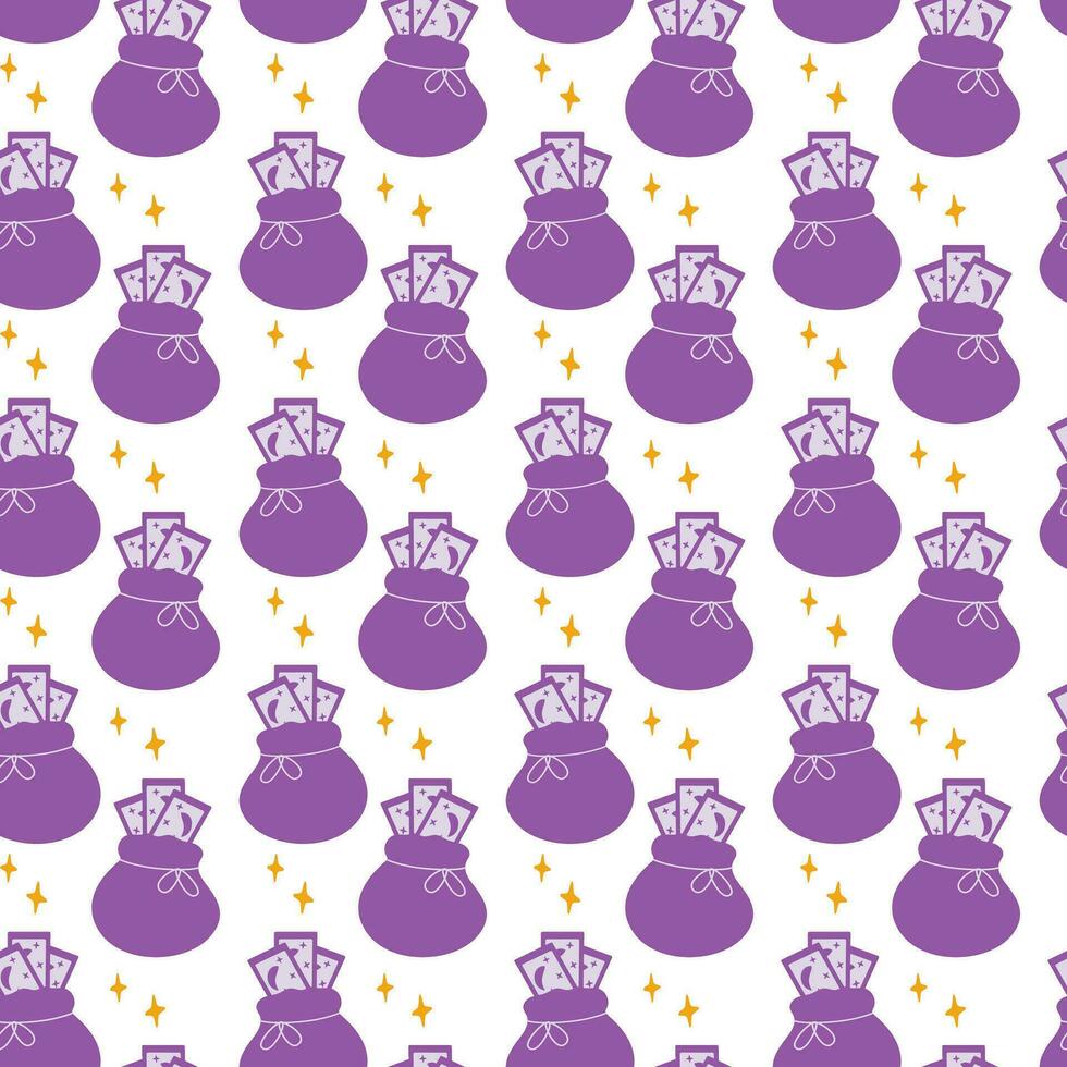 Seamless pattern of magic pouch with Tarot cards and decorative stars in trendy purple monochrome vector