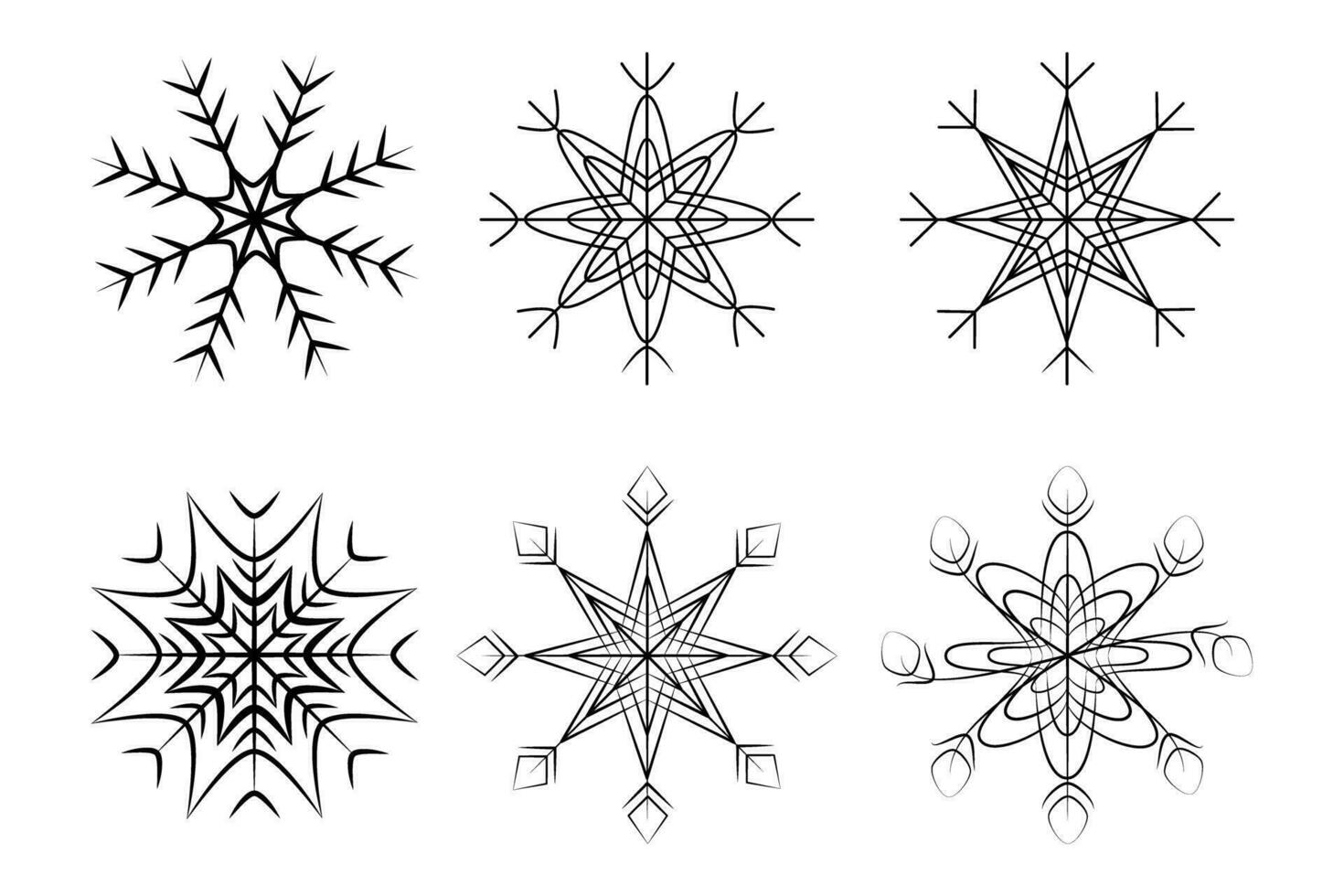 Set of 6 abstract patterned snowflakes. Design elements for Christmas or New Year greeting and cards vector