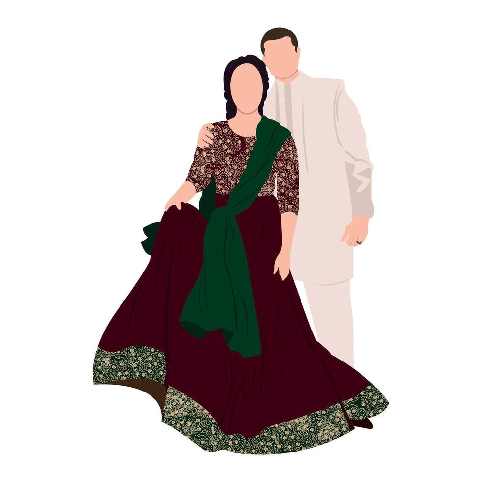 vector indian wedding bride and groom wearing traditional wedding dresses