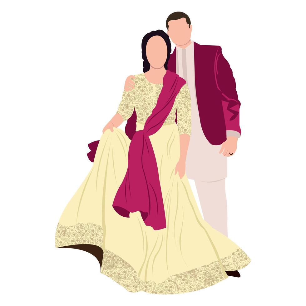 vector indian wedding bride and groom wearing traditional wedding dresses