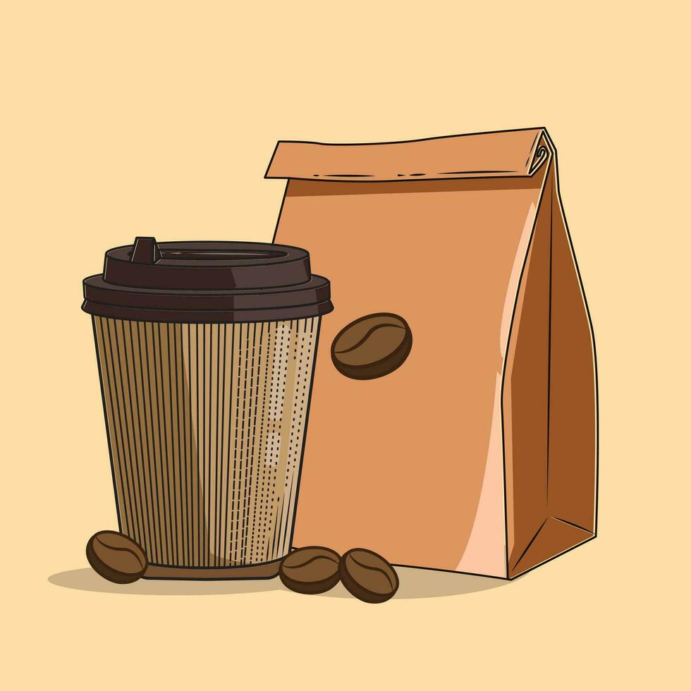 vector illustration of coffee an paper bag coffee bean cartoon