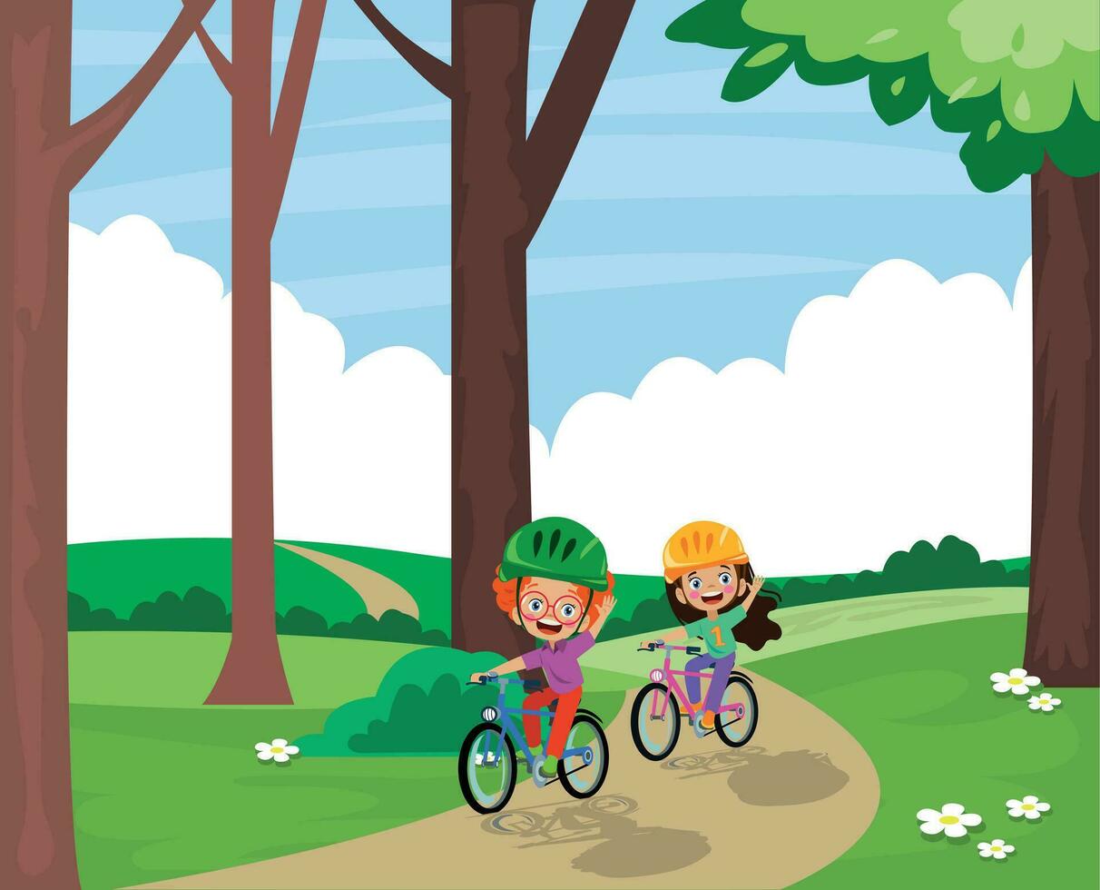 Vector illustration of happy kids riding bicycles in the park