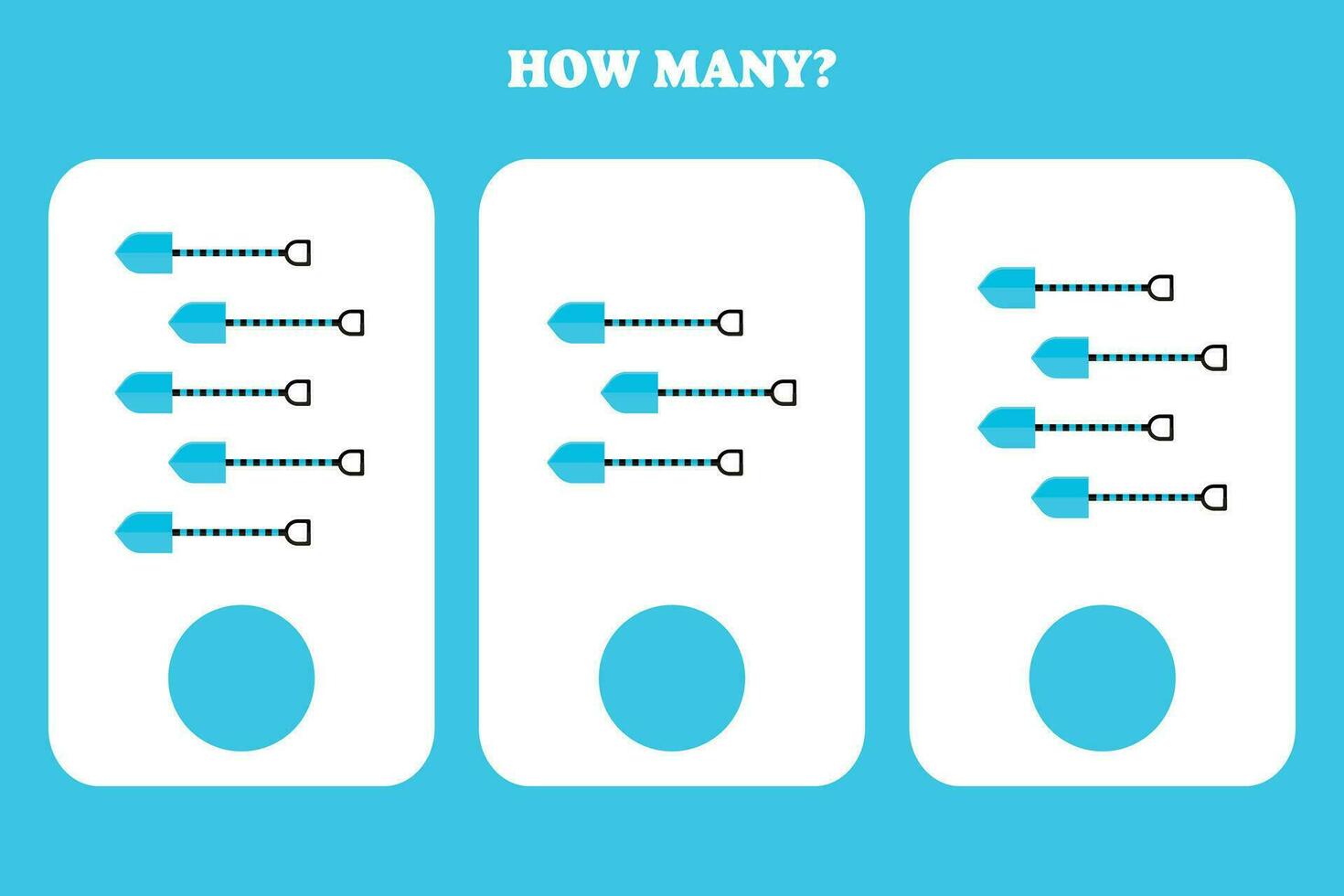 Counting game for kids. How many shovel are there Educational worksheet design for children. vector