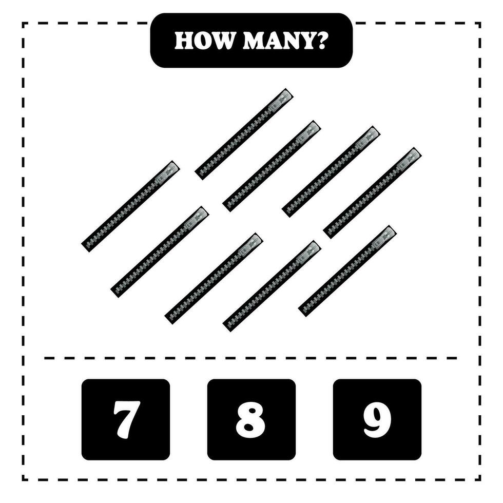 Counting game for kids. How many zipper are there Educational worksheet design for children. vector