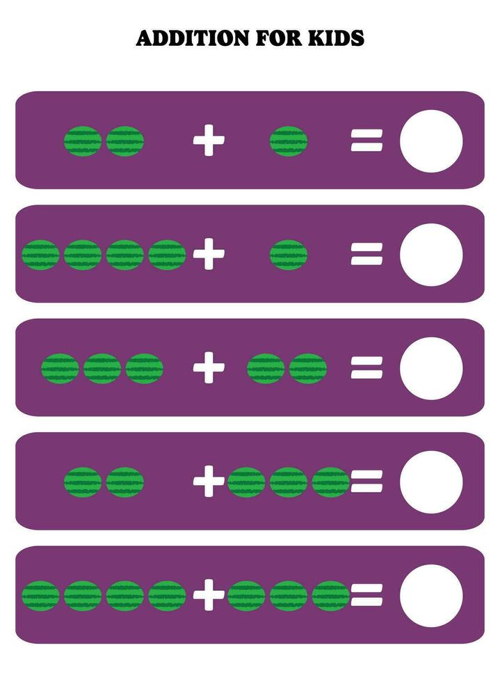 Addition page for kids. Educational math game for children with watermelon. Printable worksheet design. Learning mathematic. vector