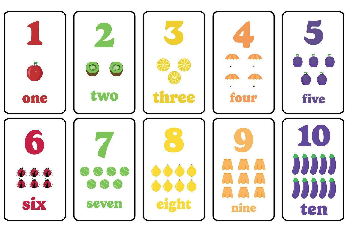 Numbers flashcards for preschool, kindergarten or elementary kids. vector