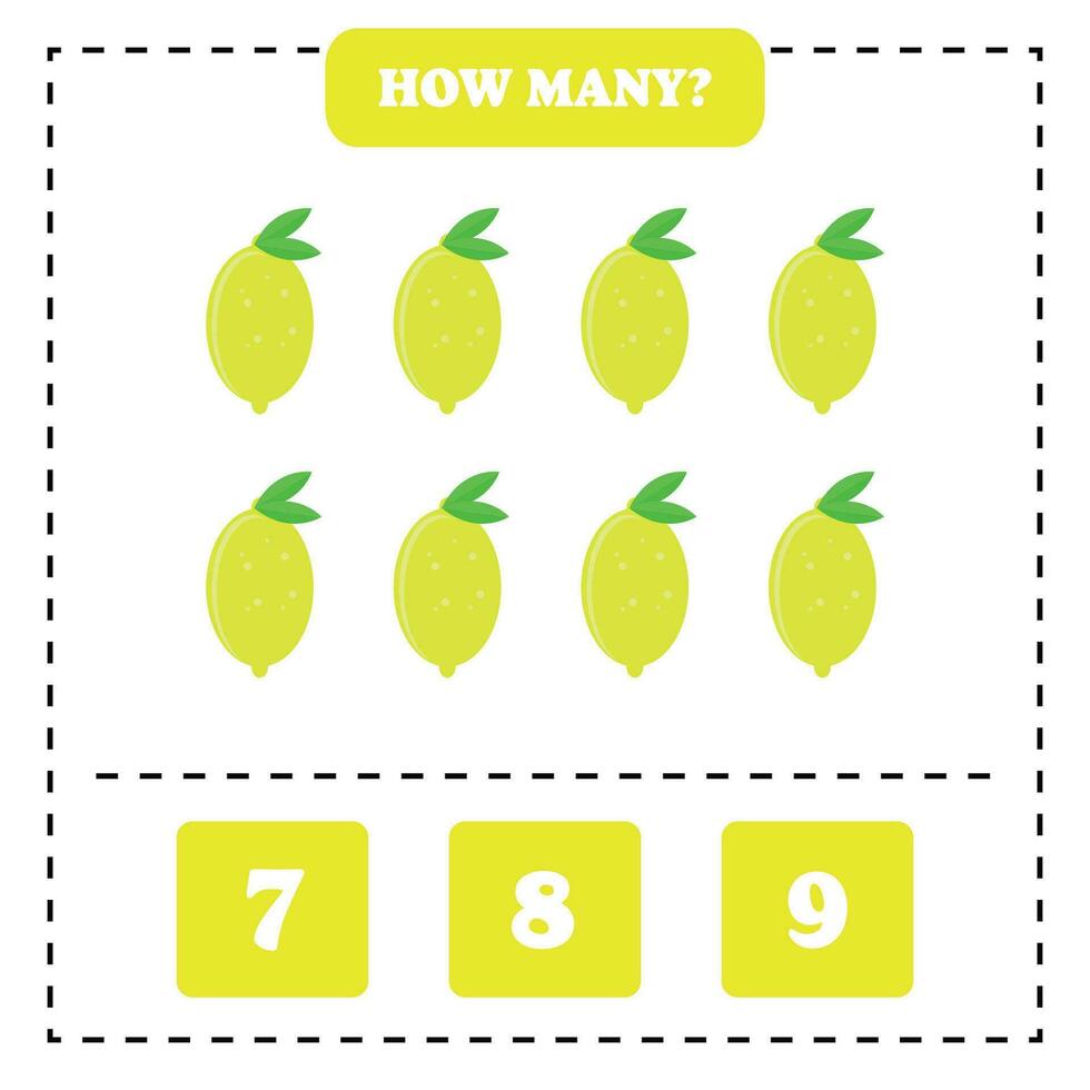 Counting game for kids. How many lemon are there Educational worksheet design for children. vector
