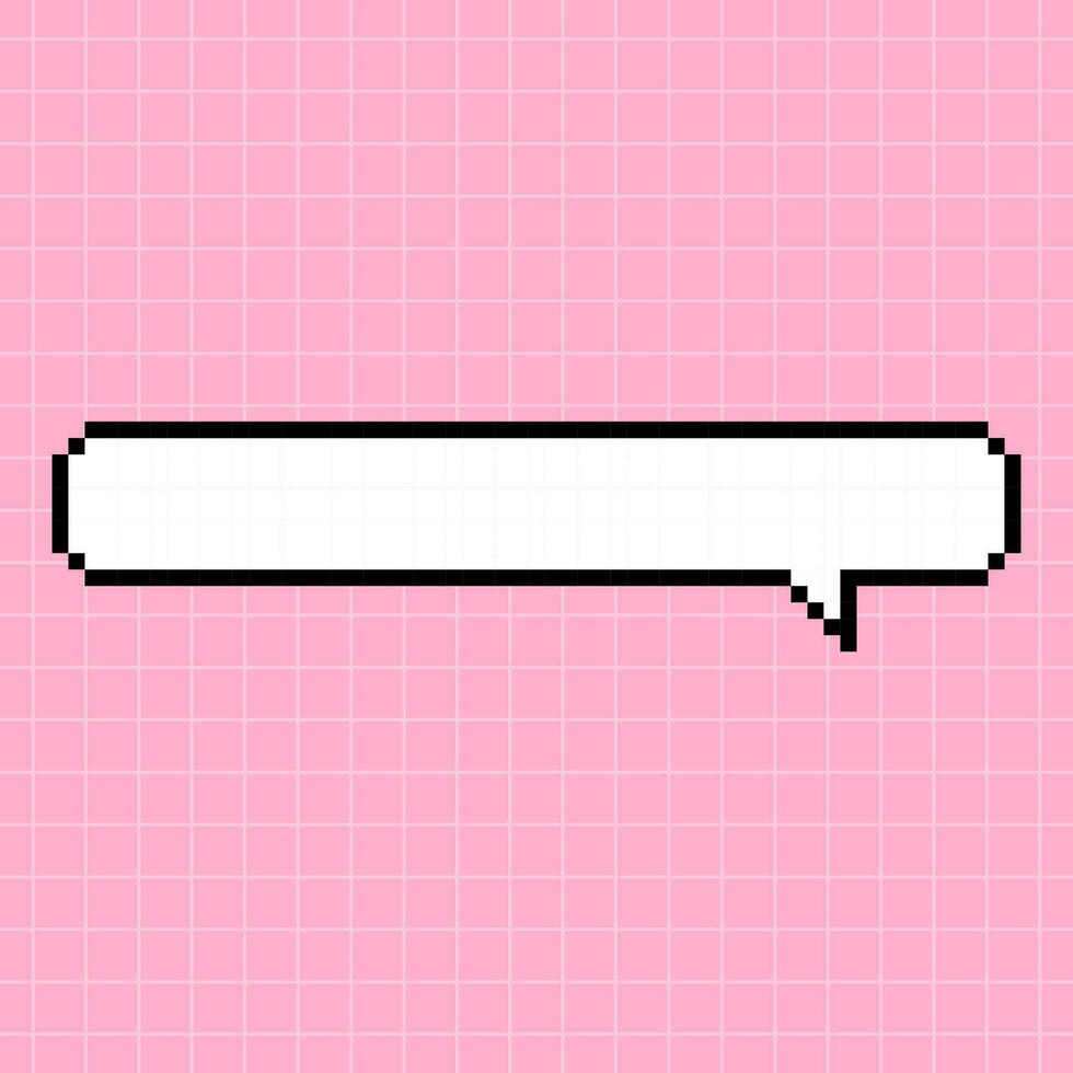 A narrow horizontal rectangular frame in the shape of a pixel dialog box on a pink checkered background. Vector element in 8-bit retro gaming style, bubble.