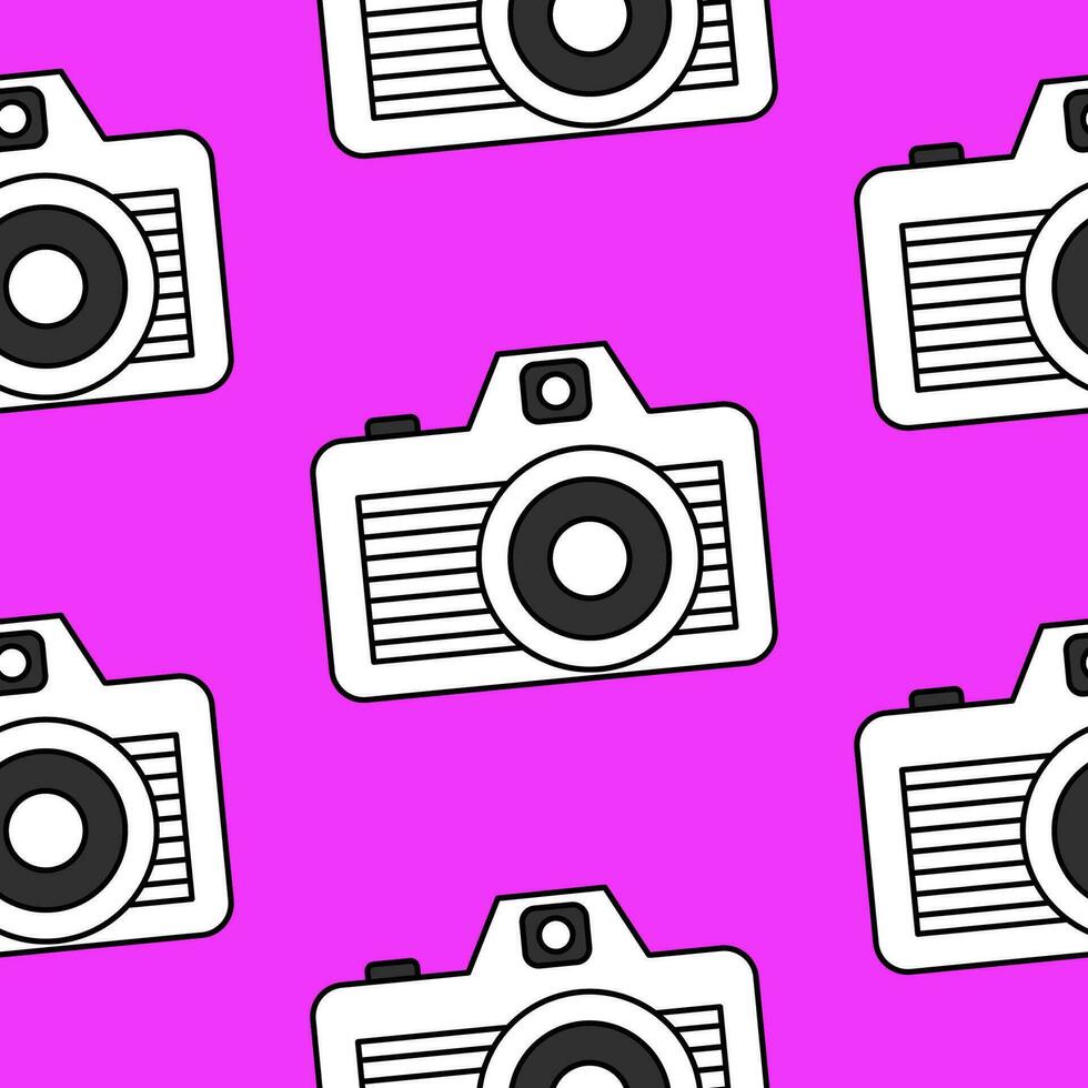 Bright seamless pattern minimalistic black and white camera on a pink background. Doodle retro film camera, wrapping paper, background. vector