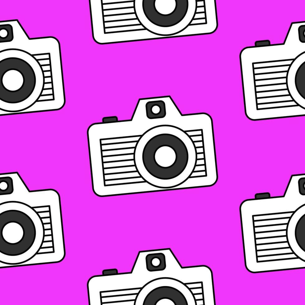 Bright seamless pattern minimalistic black and white camera on a pink background. Doodle retro film camera, wrapping paper, background. vector