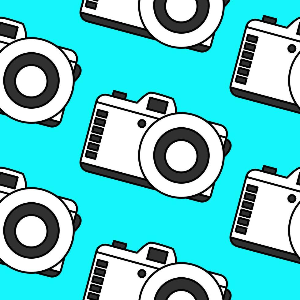 Bright seamless pattern minimalistic black and white camera on a turquoise background. Doodle retro film camera, wrapping paper, background. vector