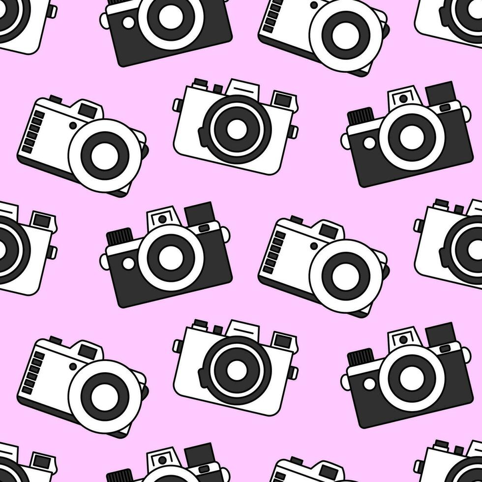 Bright seamless pattern of three black and white cameras of different shapes on a pastel pink background. Doodle retro film camera, wrapping paper, background. vector