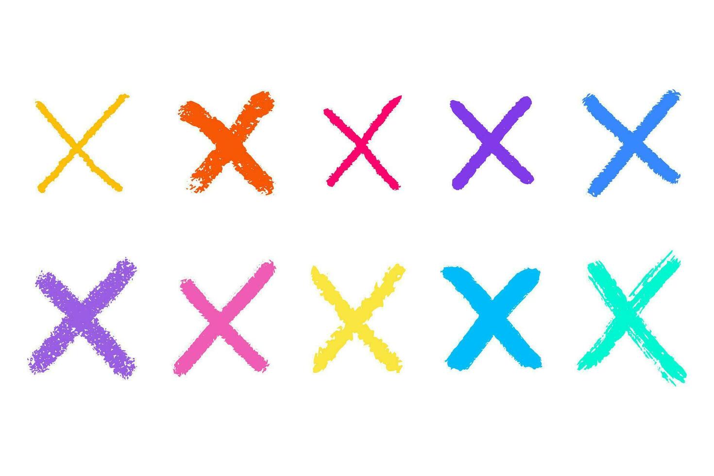 Clipart set of pastel textured doodle hand drawn crosses, checkmarks isolated on white background. Minimalistic vector elements in bright colors.