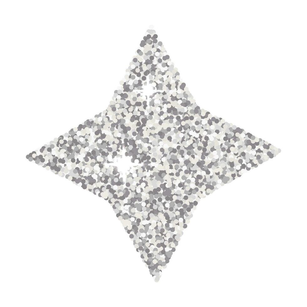 Silver glitter four-pointed star isolated on white background. Vector metallic decorative element, holiday.