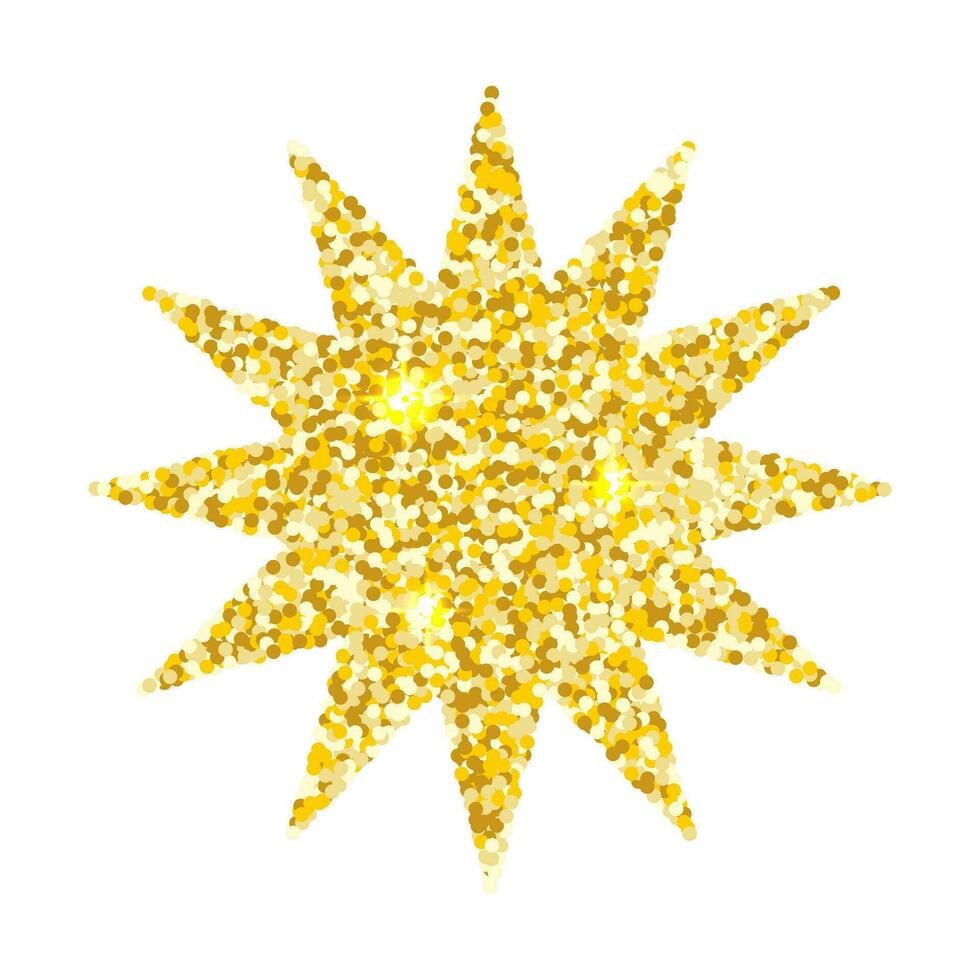 Golden glitter star with twelve rays isolated on white background. Sparkling vector holiday decor, metallic confetti.