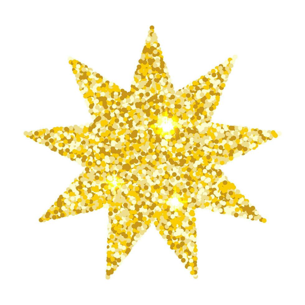 Gold glitter star with nine rays isolated on white background. Sparkling vector holiday decor, metallic element.