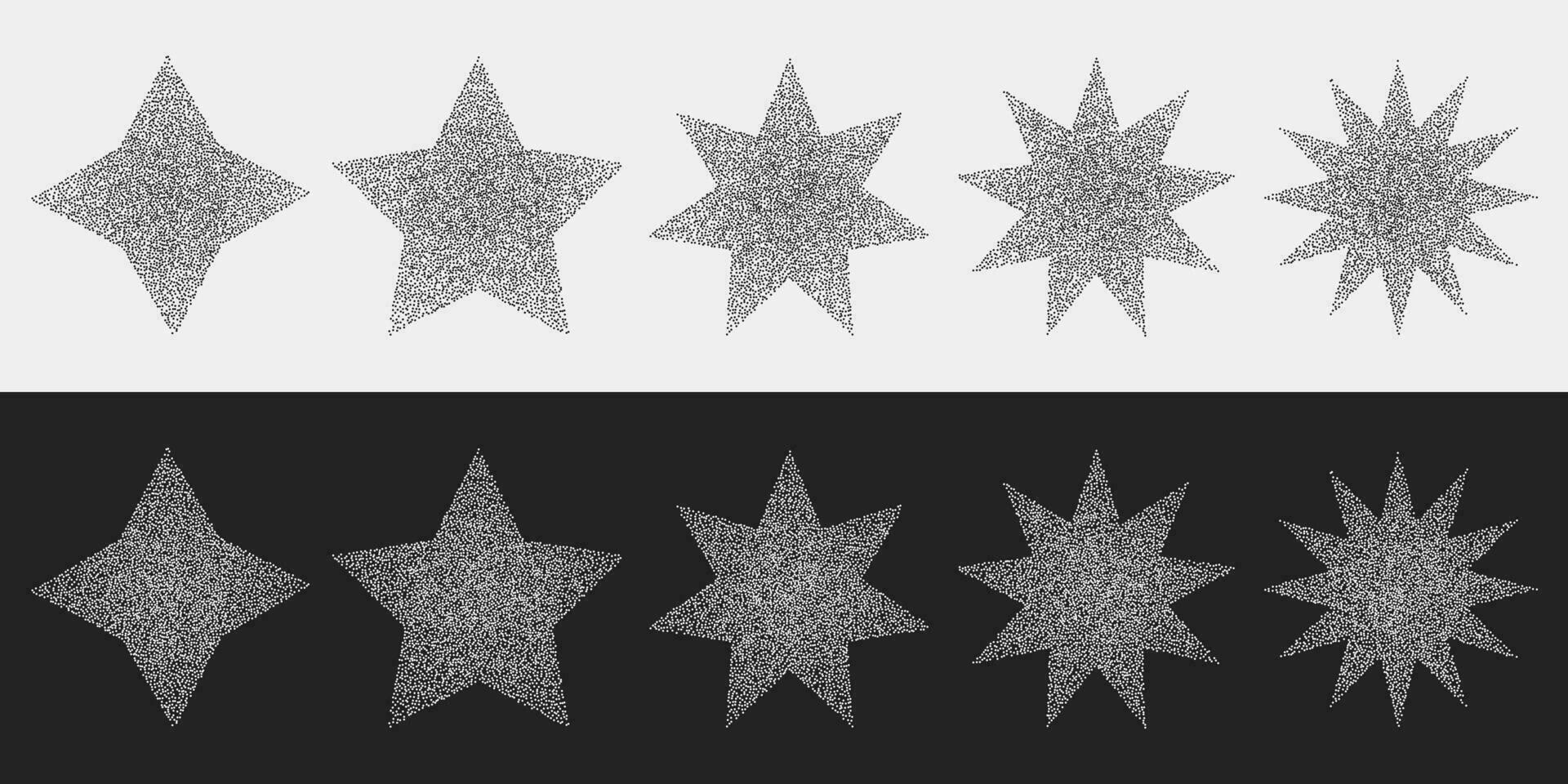 Clipart set of stars of different shapes on a dark and light background. Vector element in halftone style, noisy grunge geometric shapes, stipplism