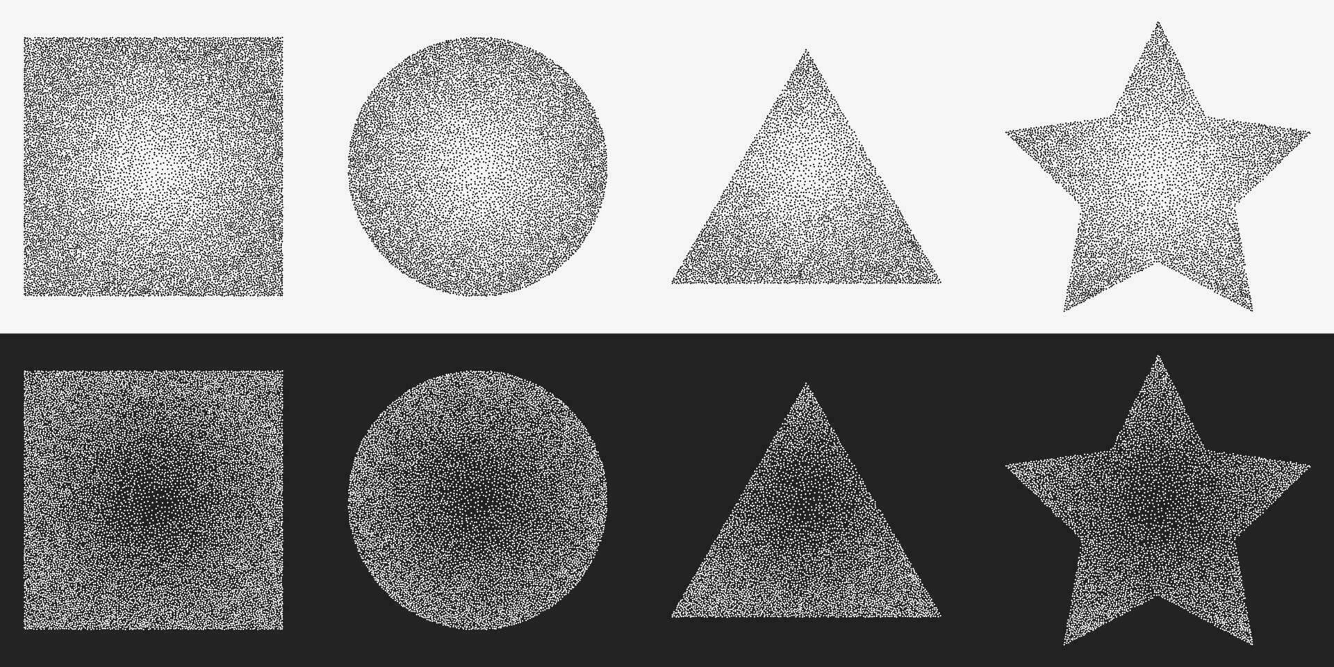 Clipart set of different geometric shapes. Vector objects made of white dots on a black background and black dots on white. Halftone style, stipplism.