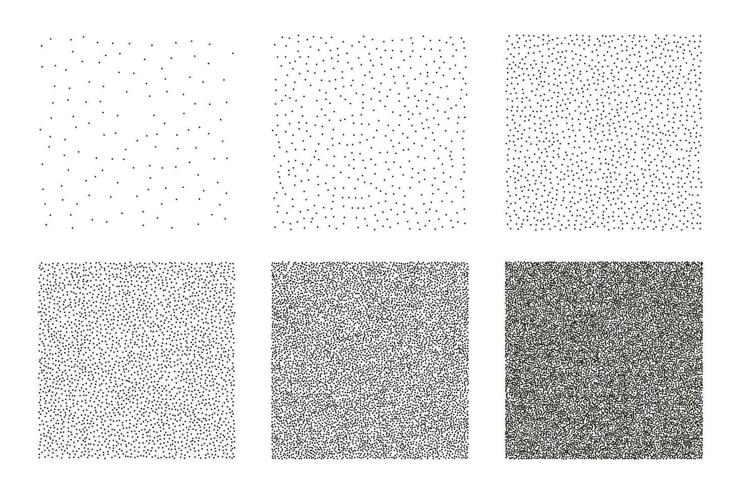 Clipart set of six gradient squares in halftone style. Dotted vector patterns, grunge sand texture on a light background.