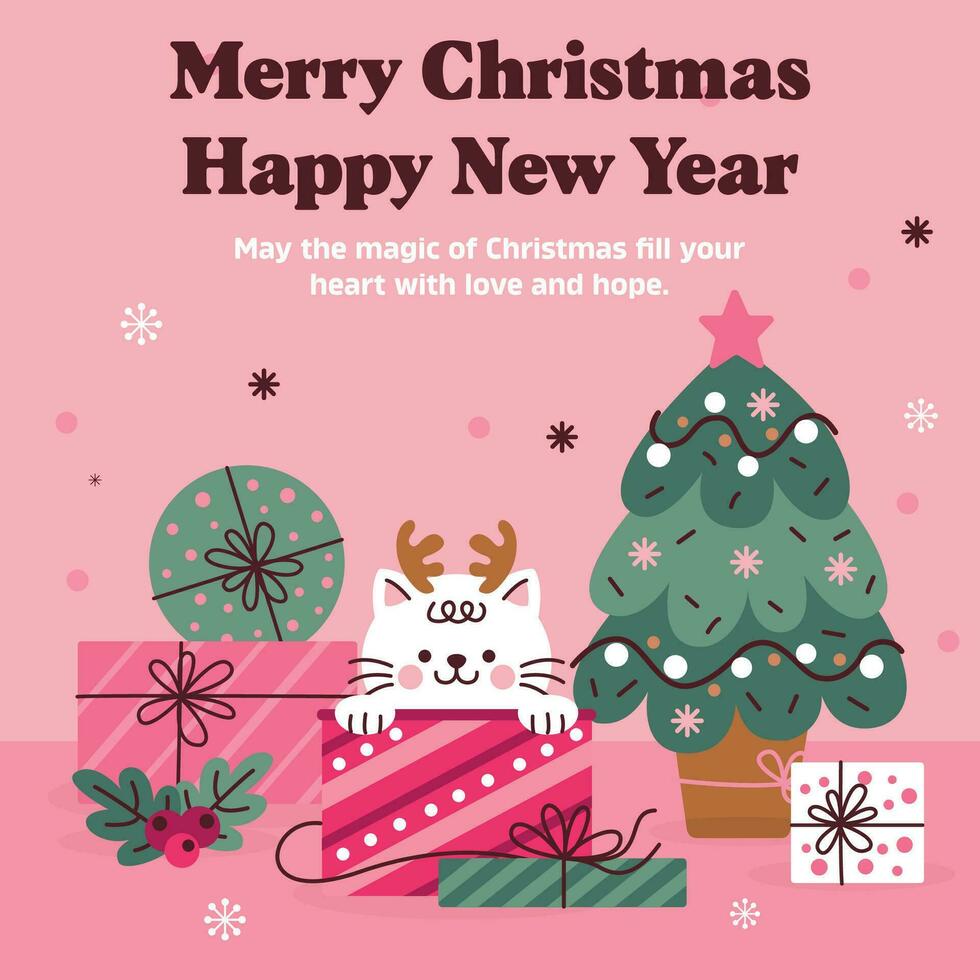 Merry Christmas and Happy New Year, greeting cards, posters, holiday covers. Colorful modern Christmas design, green, red, yellow and white. Christmas tree, balls, spruce branches, gift elements. vector