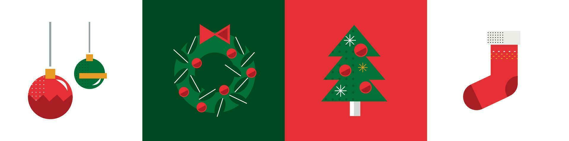 Christmas elements in modern minimalist geometric modern style. Colorful flat vector cartoon style illustration. Christmas tree with geometric patterns, stars and abstract elements
