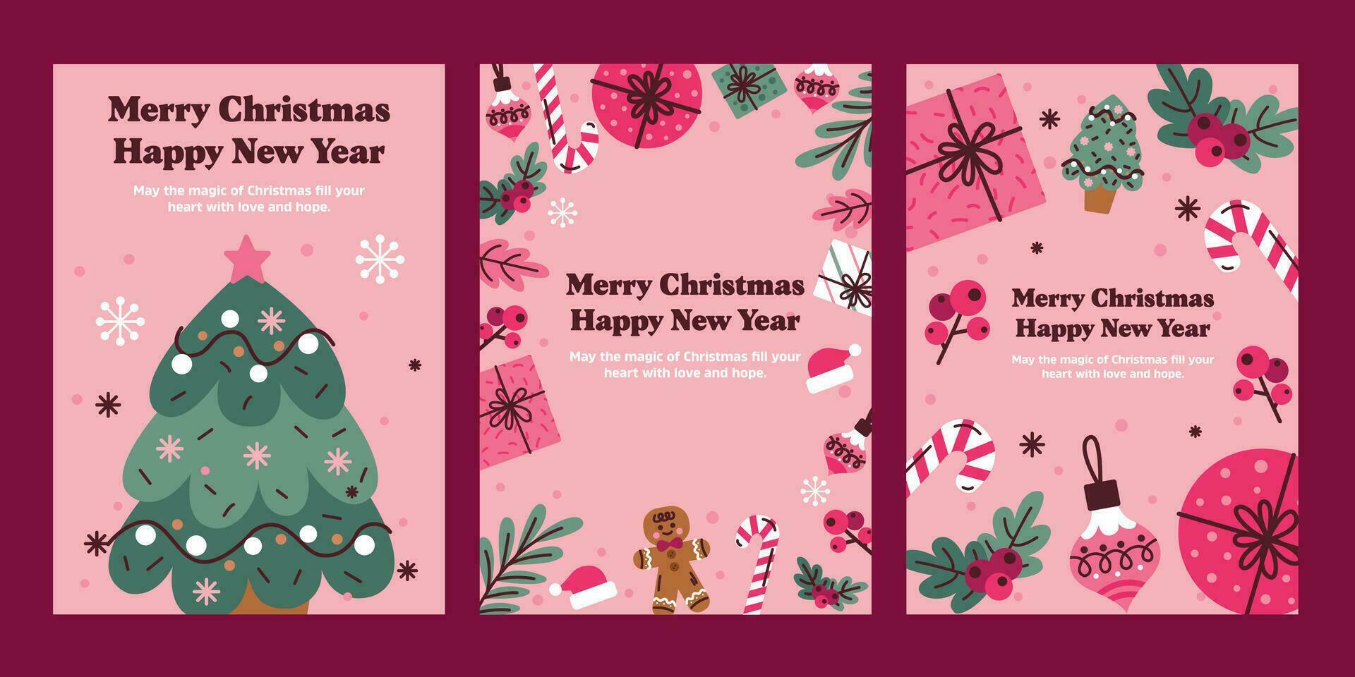 Merry Christmas and Happy New Year, greeting cards, posters, holiday covers. Colorful modern Christmas design, green, red, yellow and white. Christmas tree, balls, spruce branches, gift elements. vector