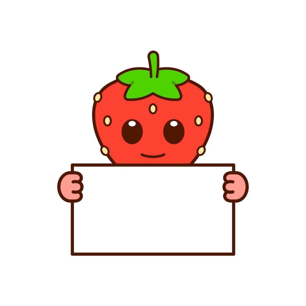 Cute Strawberry Character Holding a Blank Sign vector