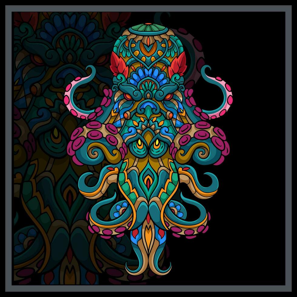 Colorful Octopus kraken mandala arts isolated on black background vector