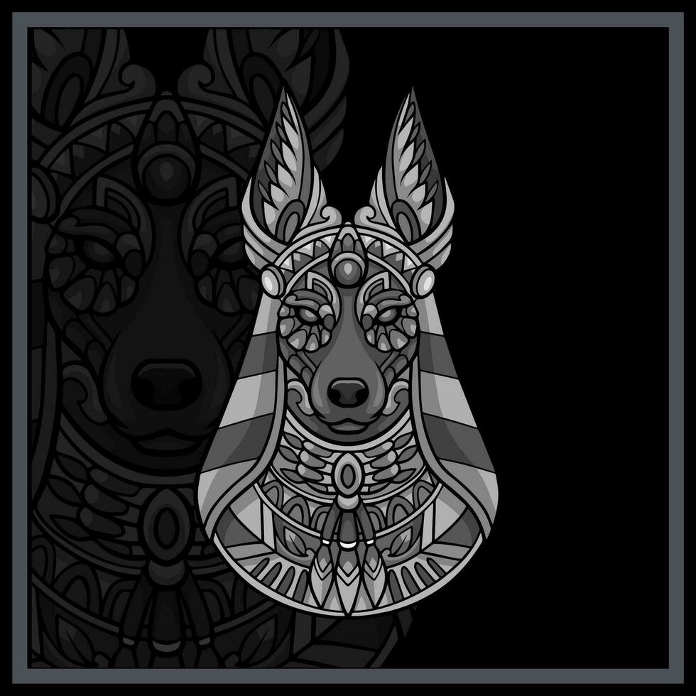 Monochrome Anubis head mandala arts isolated on black background vector