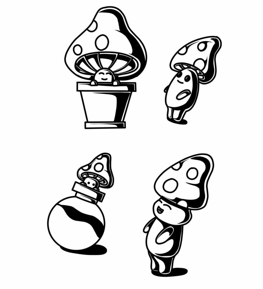 a black and white mushroom mascot illustration vector