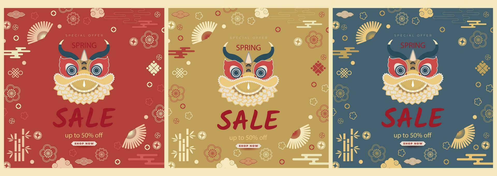 Chinese New Year 2024, modern art design in gold and red color for card, poster, banner. Chinese zodiac symbol of the Dragon. A set of postcards in different colors. Vector illustration