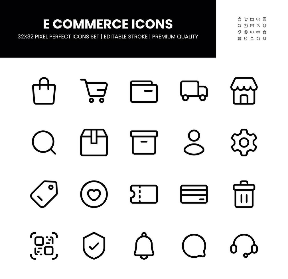 E Commerce icons set in 32 x 32 pixel perfect with editable stroke vector