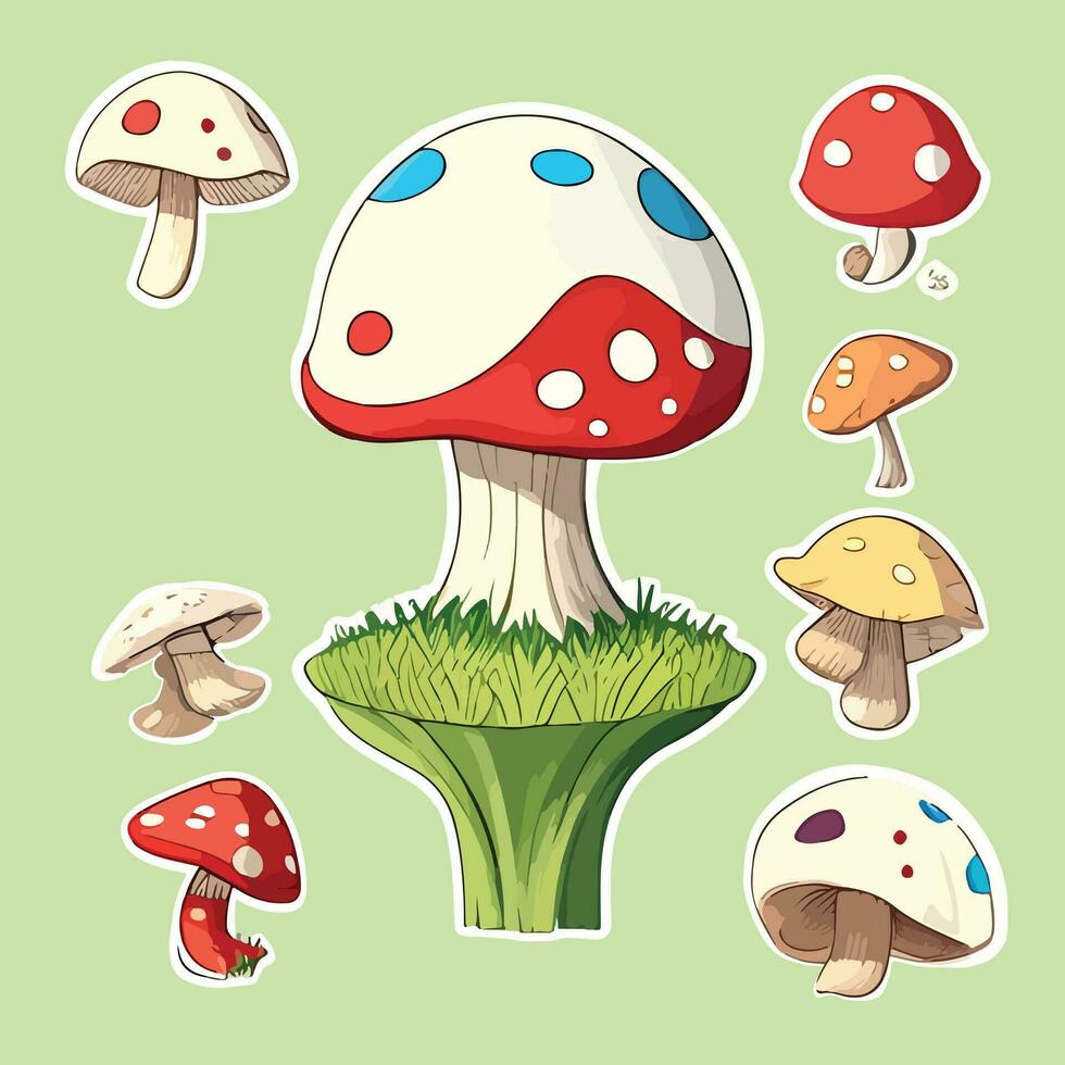 Groovy mushroom retro set with faces. Colorful flat vector illustration.