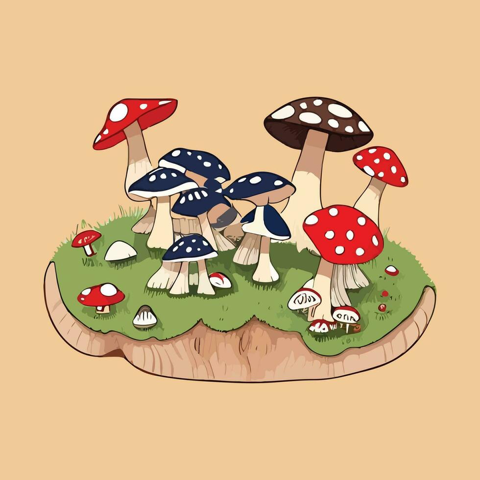 Groovy mushroom retro set with faces. Colorful flat vector illustration.