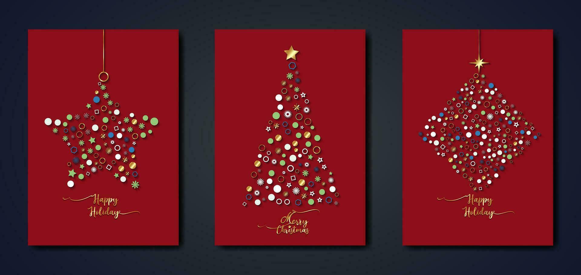 Set red card of Merry Christmas and Happy Holiday, greeting cards, posters, New Year covers. Design templates with typography, season wishes in colorful minimalist style for web, social media, print vector