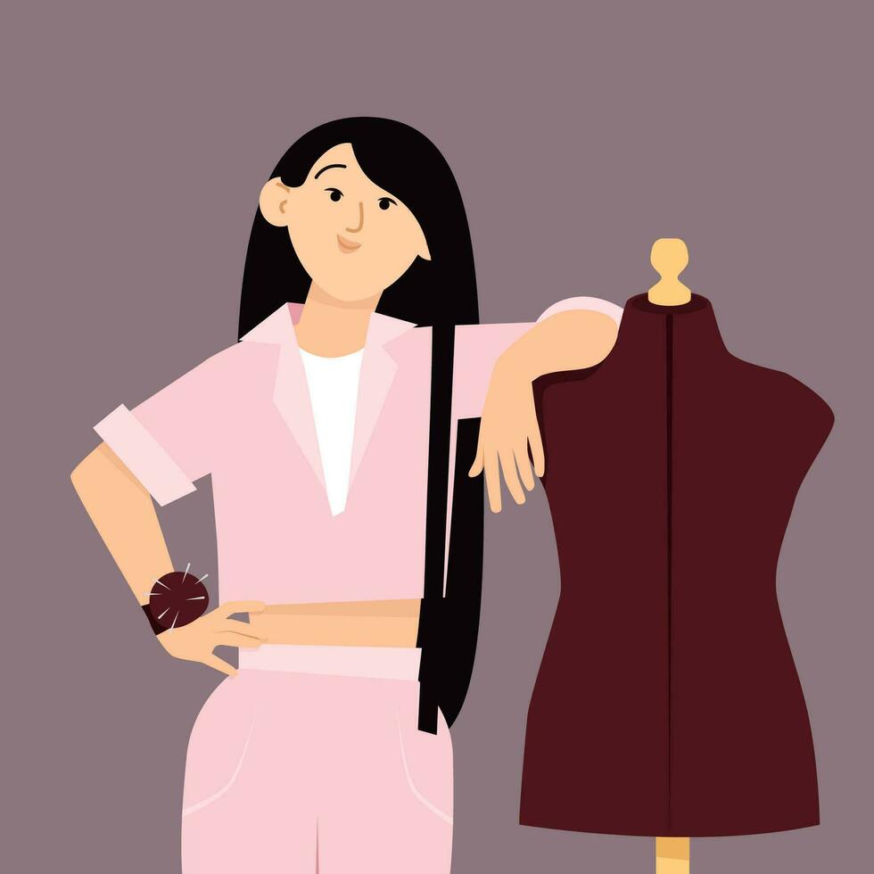 Young Asian woman seamstress with sewing mannequin vector