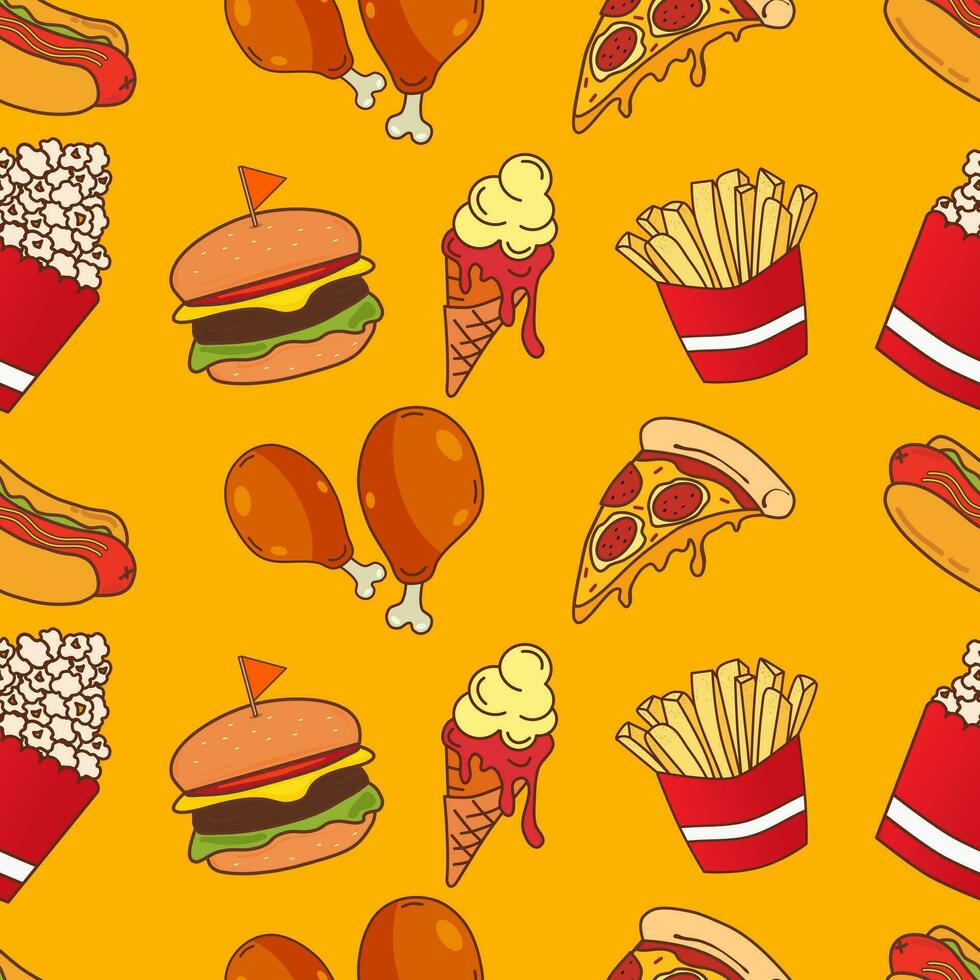 Fast food elements seamless pattern on yellow background vector illustration. Easily modifiable vector elements.
