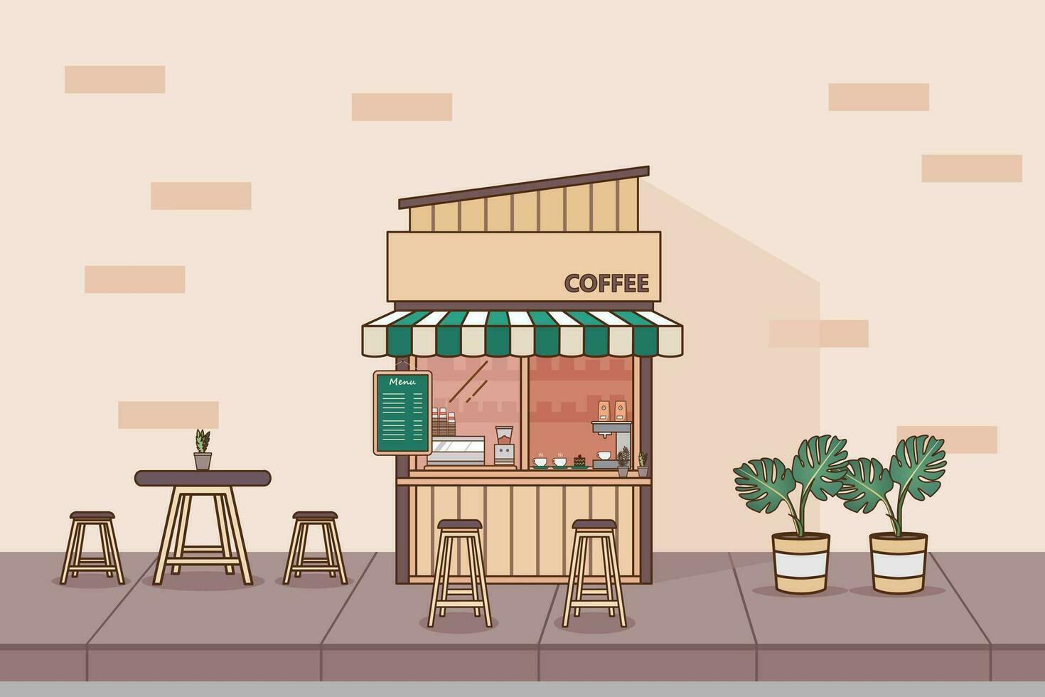 Coffee street stall vector illustration. Outdoor cafe on the pedestrian area.