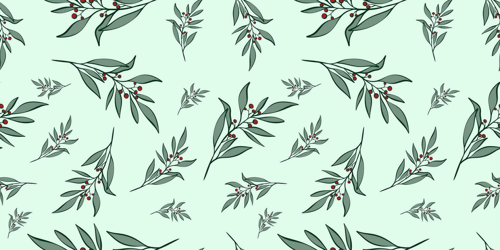 Seamless pattern with hand drawn christmas leaves and branches. Perfect for xmas or new year wallpaper, wrapping paper, web sites, background, social media, blog, presentation and greeting cards. vector