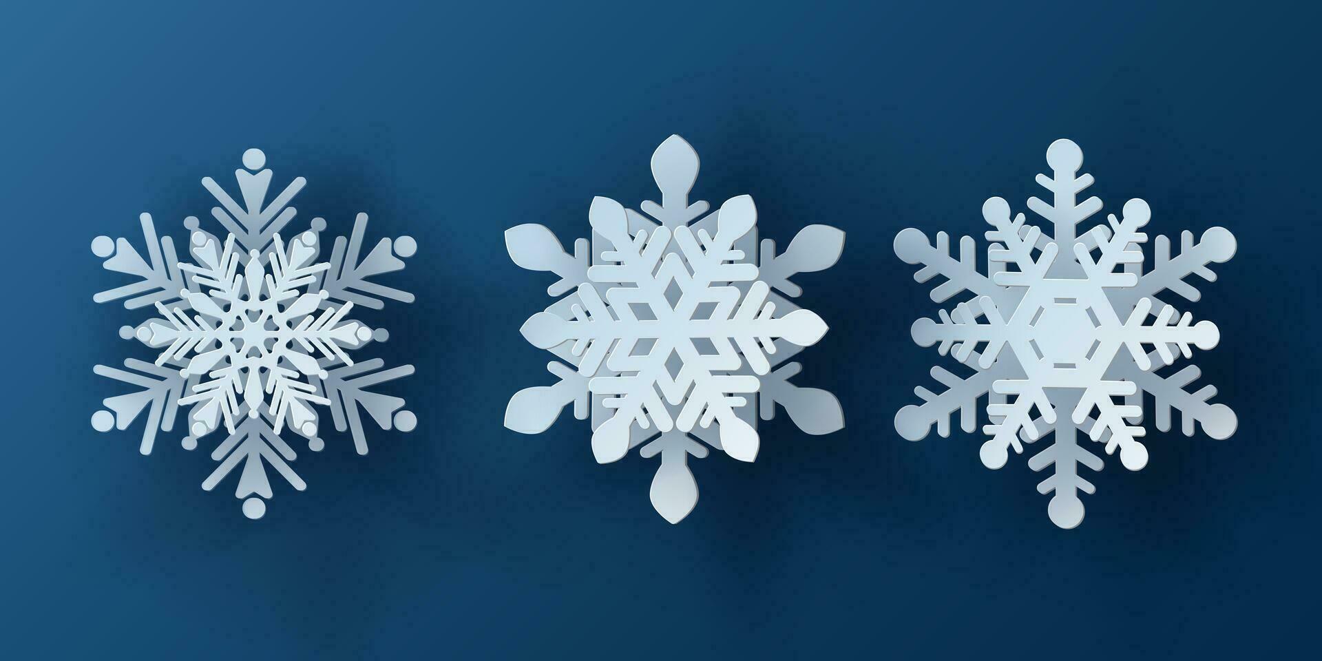 Vector set white christmas paper cut 3d snowflake with shadow on blue colored background. Winter design elements for presentation, banner, cover, web, flyer, card, sale, poster, slide and social media